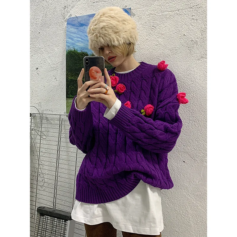 

Firmranch Women's Sweater 2021 Autumn/Winter Crochet Rose Jumpers INS Niche Retro Twist Knit Wear Girls Purple/Black/White