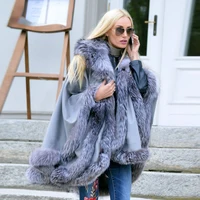 Light Grey Cashmere Fur Coat with Silver Fox Fur Woman High Quality Genuine Fox Fur Wool Blends Capes Female Winter Overcoats