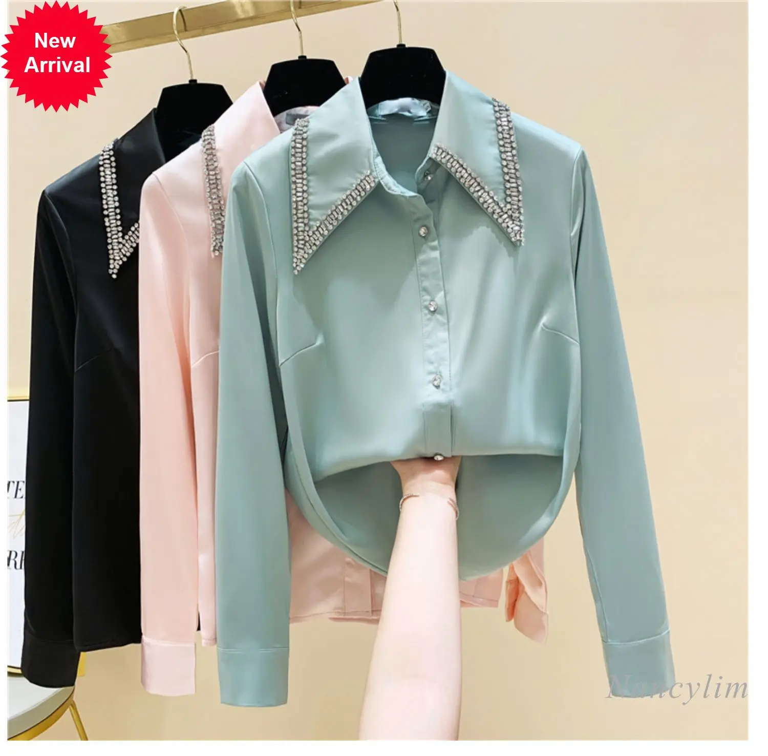 

Rhinestone Lapel Shirt Woman White Slimming Chiffon Long Sleeve Blouse Top 2021 Spring and Autumn New Office Ladies Blusas