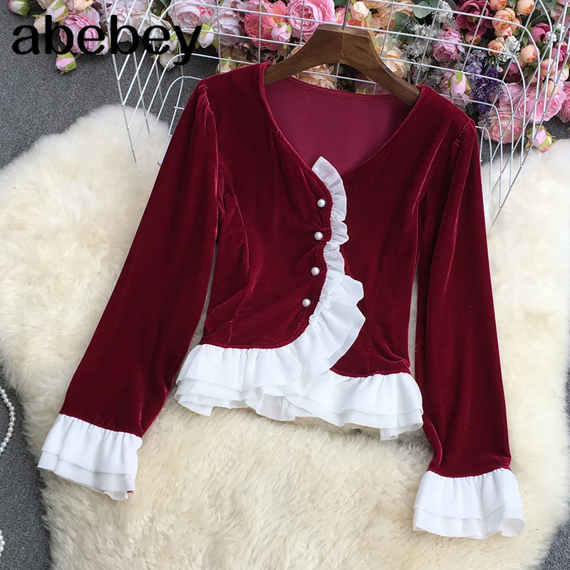 

Рубашка велюровая с длинным рукавом, V-образным вырезом и оборками, однобортная, с высокой талией, в стиле пэчворк, весна-осень 2022