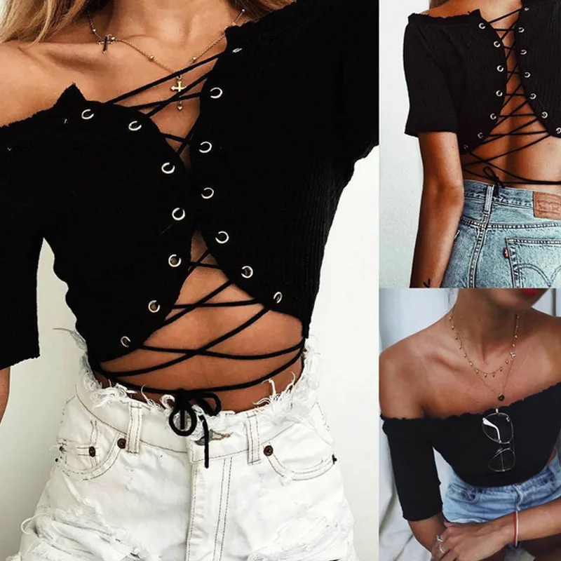 

Nice Pop Sexy Women Off Shoulder Crop Top Bandage Bustier Lacing Up Vest Skintight Bralette Tops Pop 88