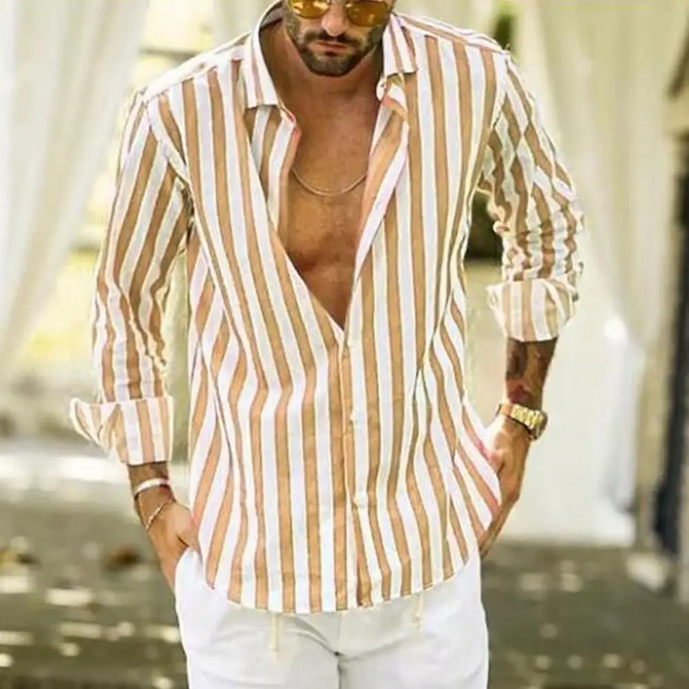 

Classic Men Shirt Striped Print Turn-down Collar Handsome Long Sleeve Buttons Closure Casual Shirt Male Streetwear Black xxxxl