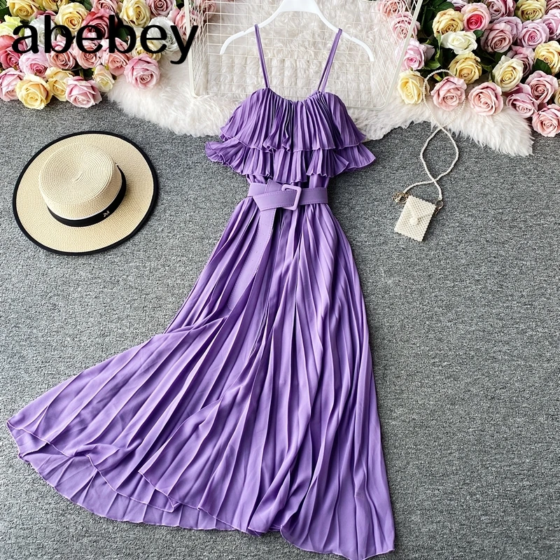 

Women Purple/Pink/Red Pleated Midi Dress Sexy High Waist Sleeveless Vacation Beach Dresses With Sashes 2021 Female Robe Mujer