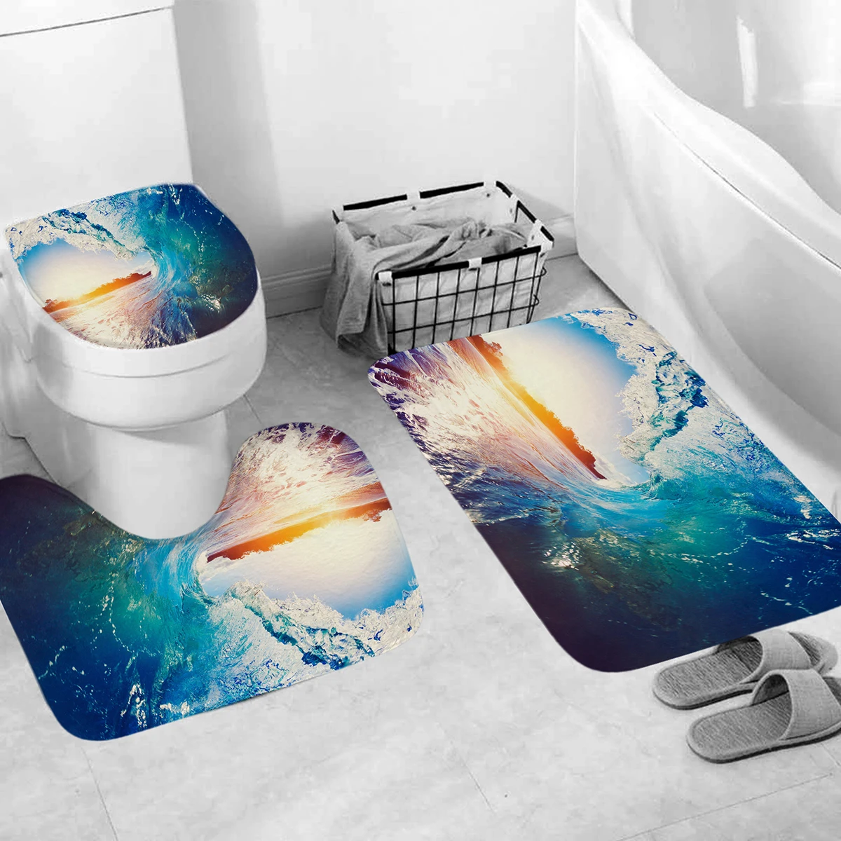 Sea Wave Fabric Shower Curtain Summer Dusk Ocean Scenery Bathroom Curtains Set Non-Slip Rugs Toilet Lid Cover Mat Carpet | Дом и сад