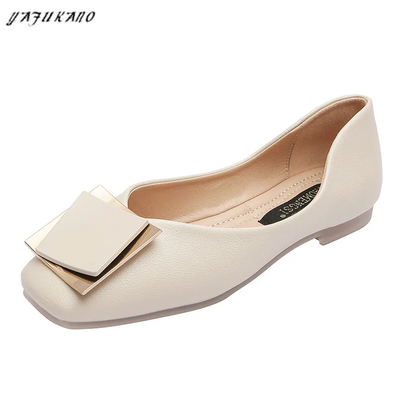 

Retro Square Toe Casual Flat Shoes 2021 Fashion Metal Decoration Boat Shoes Soft Soled Grandma Shoes Women Dress Shoe Size 33-43