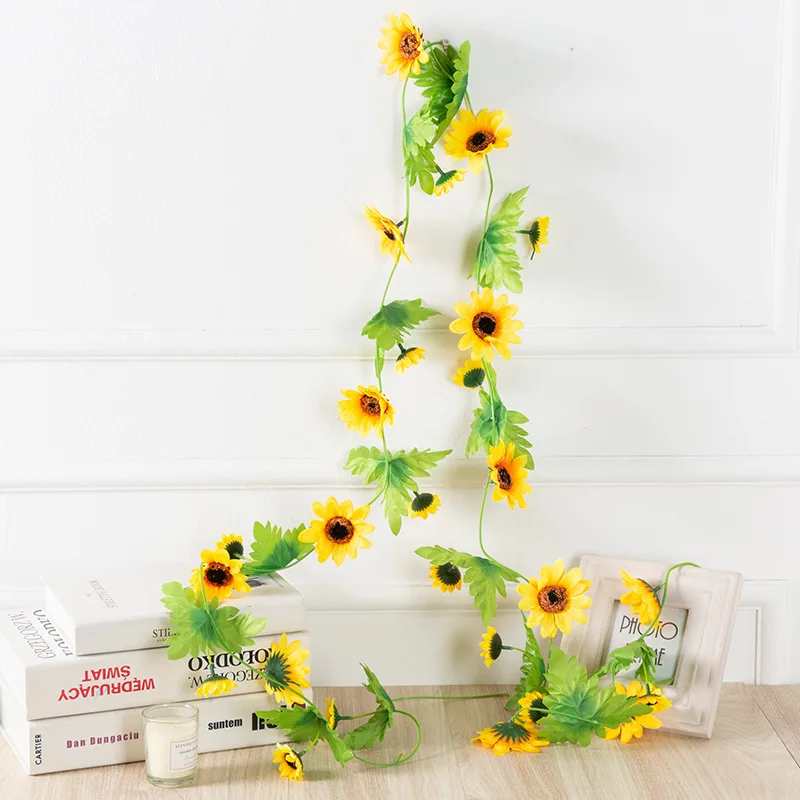 

240cm Artificial Sunflowers Cane Rattan Fake Flowers Vines Garland Green Plants Leaf Wall Hanging Home wedding Party Fence Decor