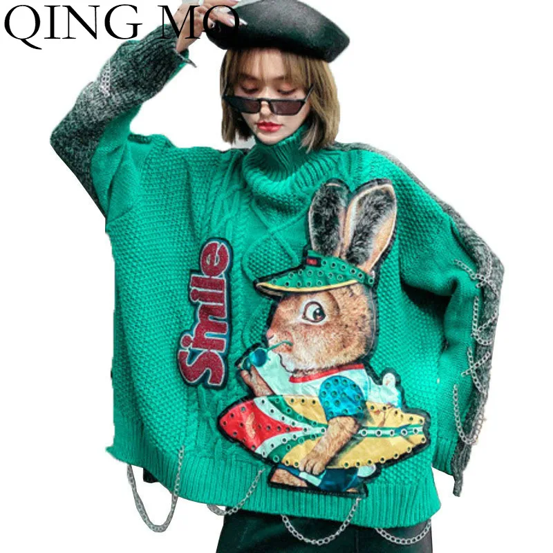 QING MO Green Women Cartoon Printed Sweater 2021 Turtleneck Knitted Female Patchwork ZQY6349 | Женская одежда