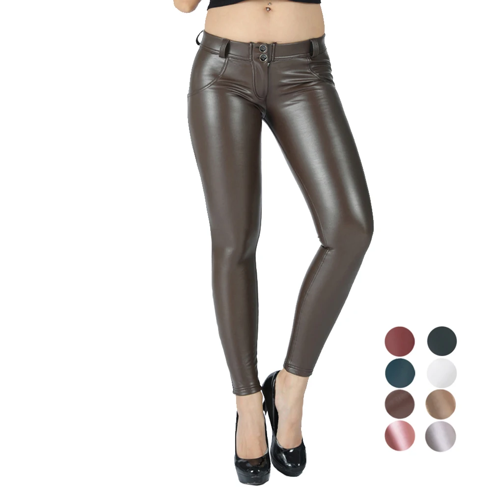 Melody Brown Pants Leather Look Trousers Skinny Full Length Warm Winter Mid Waisted Sports Leggings Clothing