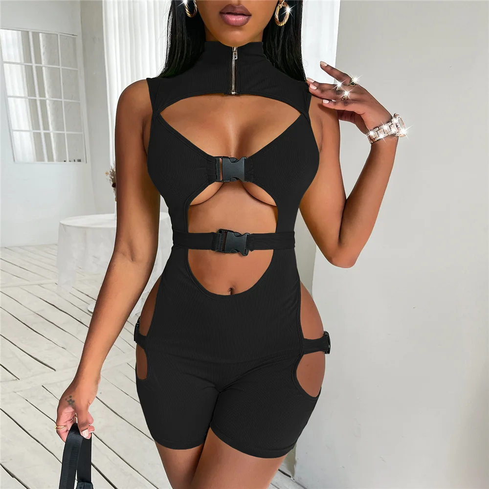 

Летние женские сексуальные однотонные облегающие спортивные комбинезоны без рукавов, Модные ажурные Комбинезоны с высоким воротом и высок...