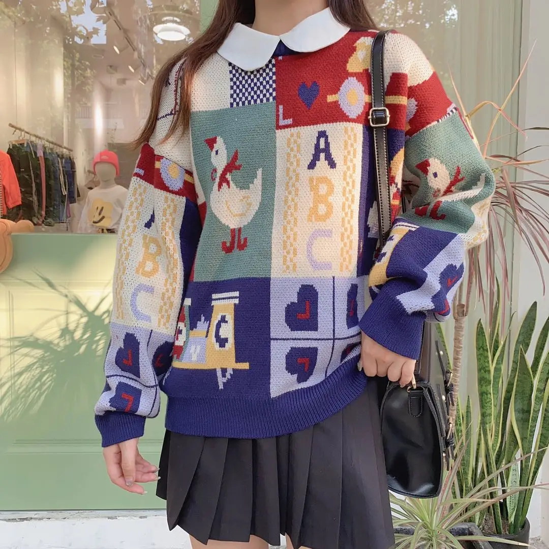 

2021 Winter Warm Jacquard Sweaters Women Sweet Fashion Kawaii Knitted Jumpers Ladies Graphic Funny Thick Pullovers Girl Cute Top