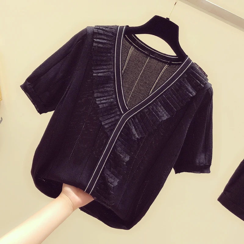 

Ice silk V-neck short-sleeved sweater bottoming shirt Lotus leaf decoration women's loose thin pullover spring summer