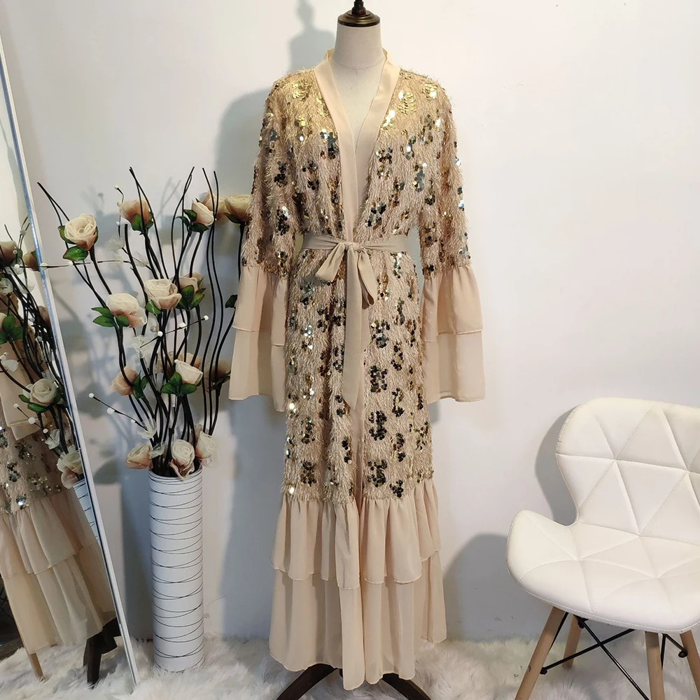 

Siskakia Fringe Sequin Kimono Abaya Dubai Turkey Arab Oman Muslim Islamic Cardigan Robe Khaki Eid Mubarak Morocco Clothing New