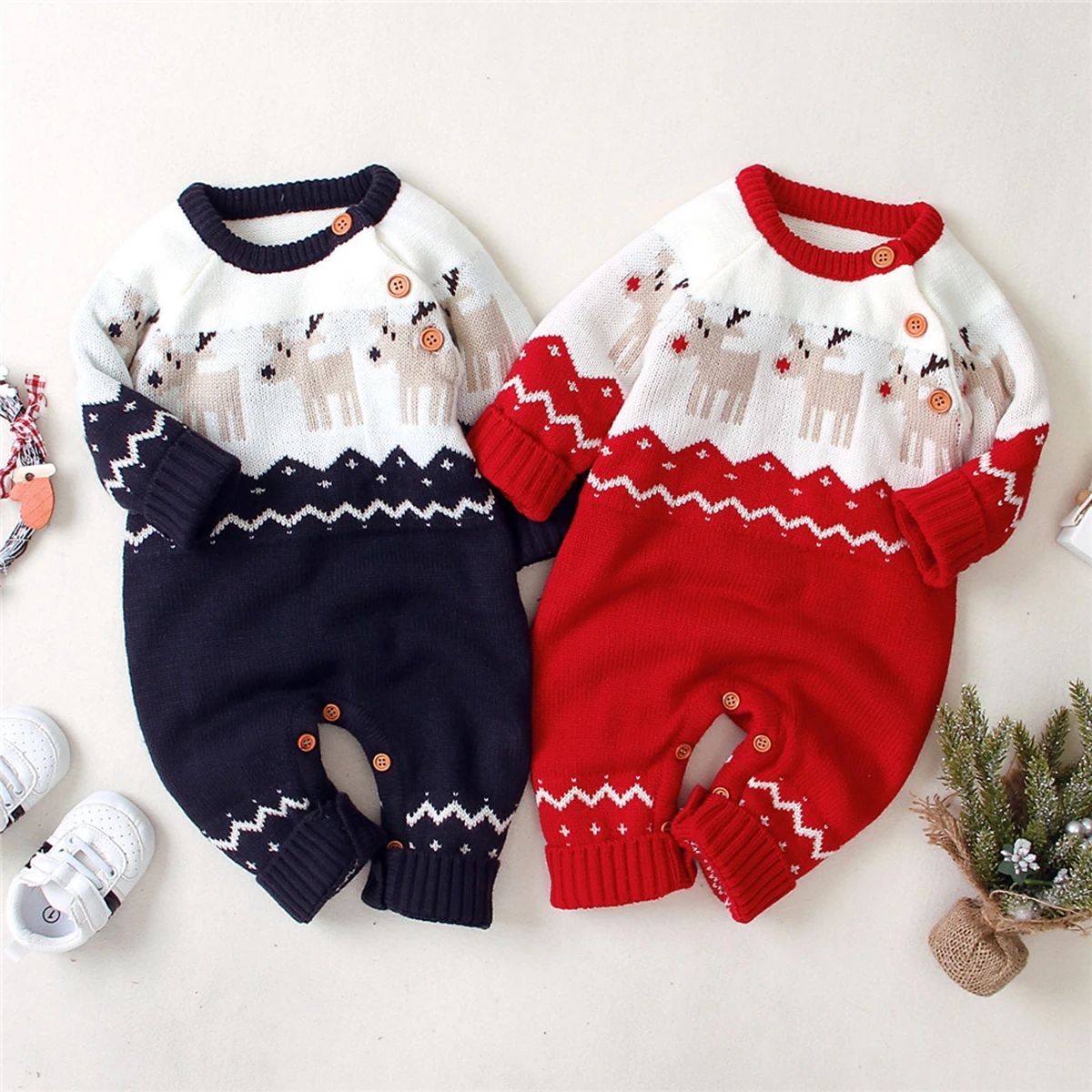 

Newborn Baby Boys Girls Sweater Christmas Clothes Romper Reindeer Long Sleeve Elk Printed Jumpsuit New Year's Costume 3-18 M