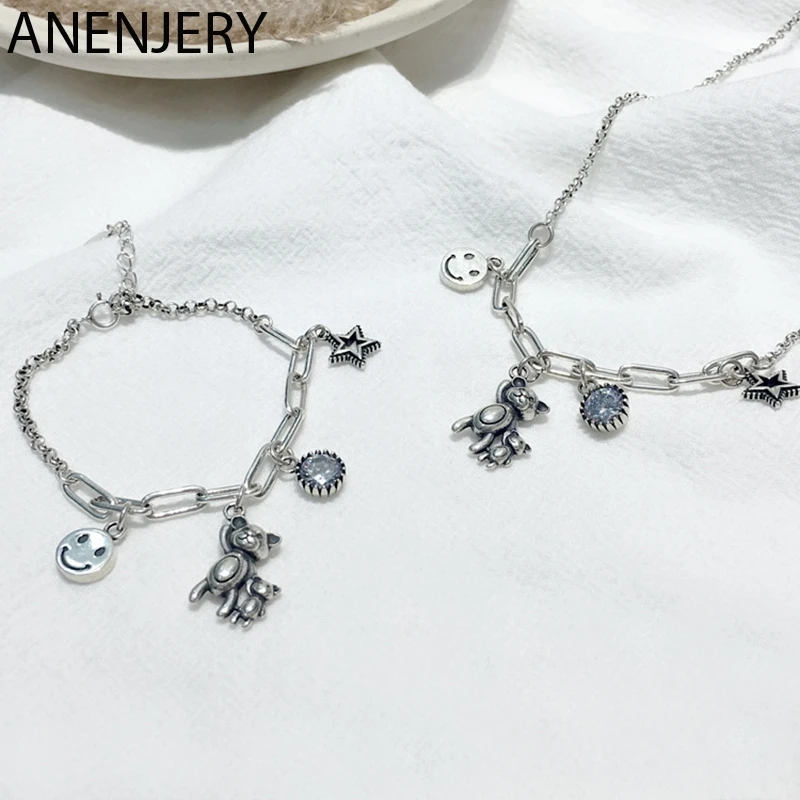 

GOLDRIA 925 Sterling Silver Handmade Bear Smiling Face Star Zircon Necklace+Bracelet Jewelry Sets For Women Gift