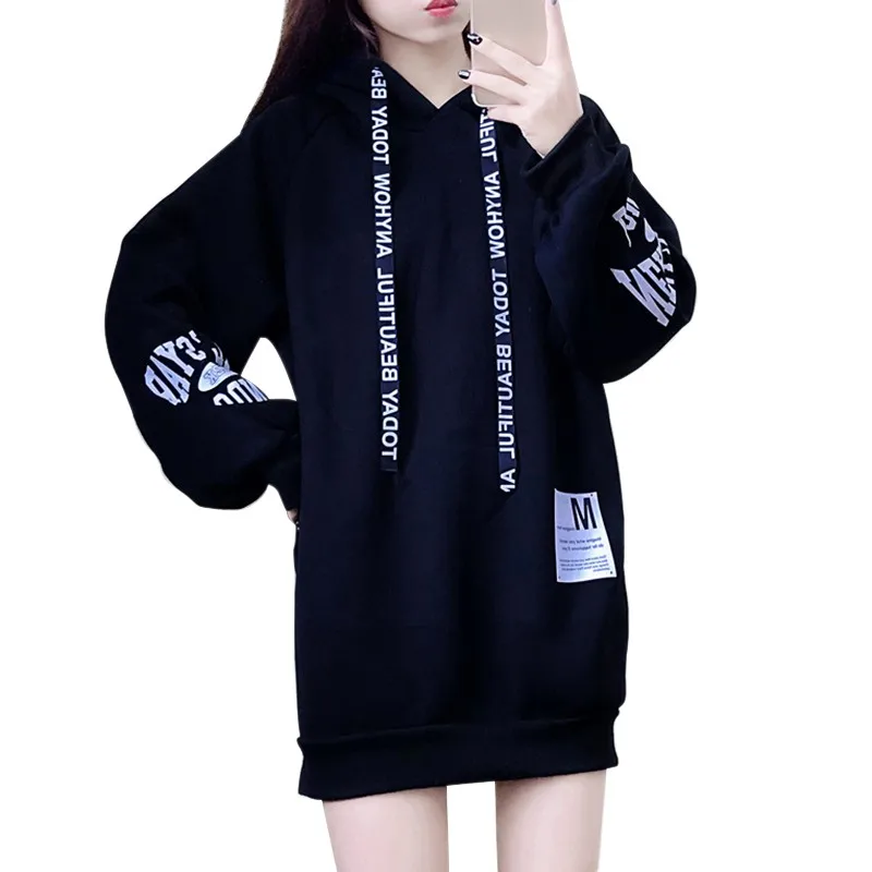 

Autumn Winter Korean Style Fashion Loose Letter Printing Mid-Length Long-Sleeved Hooded Sweatshirt Top Woman Pullovers
