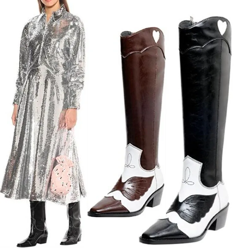 

Women2022 Square Toe Patchwork Boots Trousers Chunky Heel Cowboy Boots Knee-high Fashion Leather Glossy Sleeve Side Zipper Boots