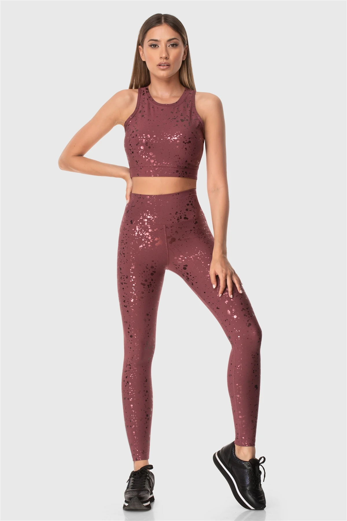 Superstacy High Waist Patterned Burgundy Sports Leggings
