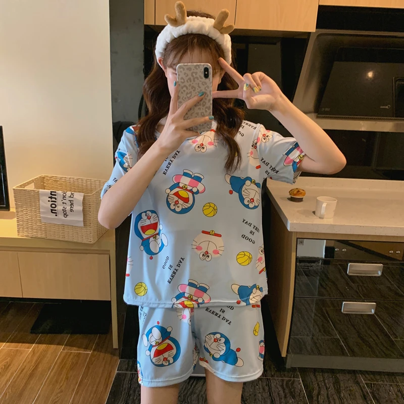 

Tonngirls Summer Doraemon Pajamas Set Women Pyjamas Sleepwear Loungewear Pijama Mujer Homewear Cartoon Night Suits Homewear