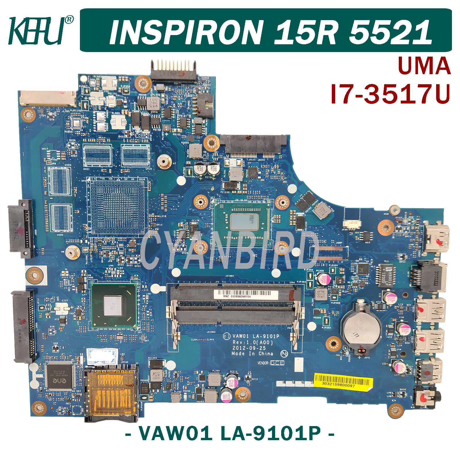 

KEFU VAW01 VAW01 LA-9101P original mainboard for Dell Inspiron 15R-5521 UMA 15-3521 with HM76 I7-3517U Laptop motherboard