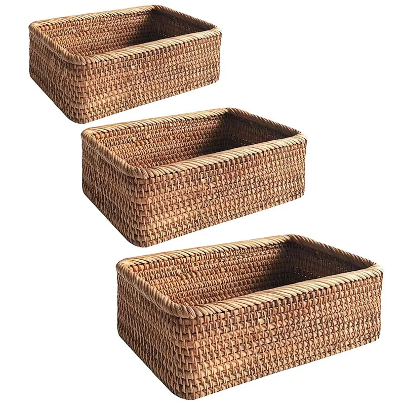 

Hand-Woven Rectangular Rattan Wicker Basket Fruit Tea Snack Bread Picnic Cosmetic Storage Box Kitchen Supplies Household Tools