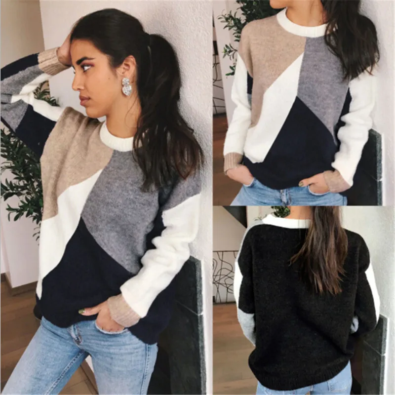 

Trendy women clothes round neck long sleeve Geometry Sweaters pullover polyester casual Tops one pieces