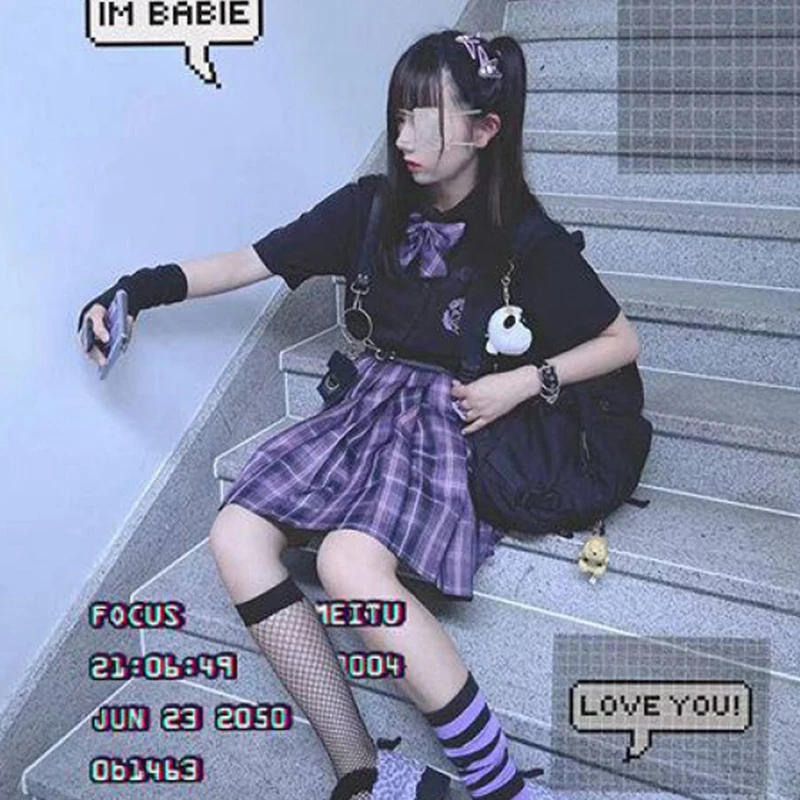 

Japanese Harajuku Three piece set Plaid Mini Women Skirt School Uniforms Skirt A-line Sweet High Waist Women kawaii Suits & Sets