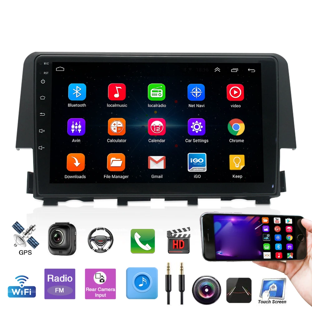 

9" Car Radio Reproductor Multimedia Stereo Player With Touch Screen GPS Navigation App Android 10.1 For 2016-2020 Honda Civic