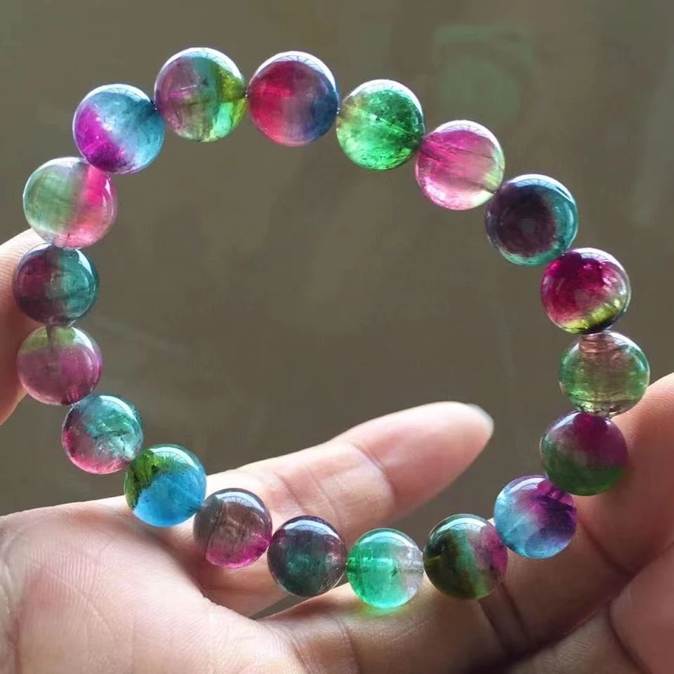 

Genuine Natural Colorful Tourmaline Watermelon Quartz Bracelet 10mm Brazil Clear Beads Women Men Fashion Stone AAAAA