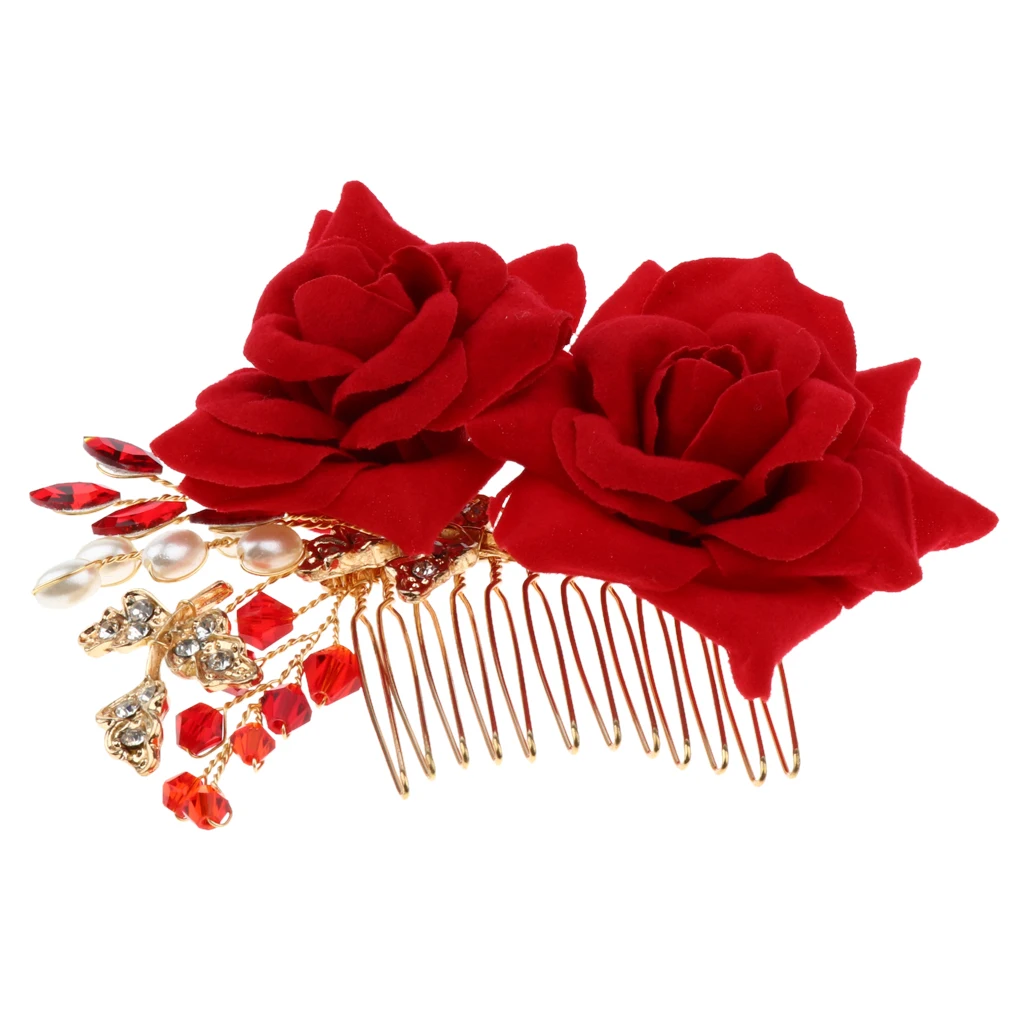 

Elegant Pearl Crystal Red Flower Bridal Hair Comb Wedding Hair Piece Accessories