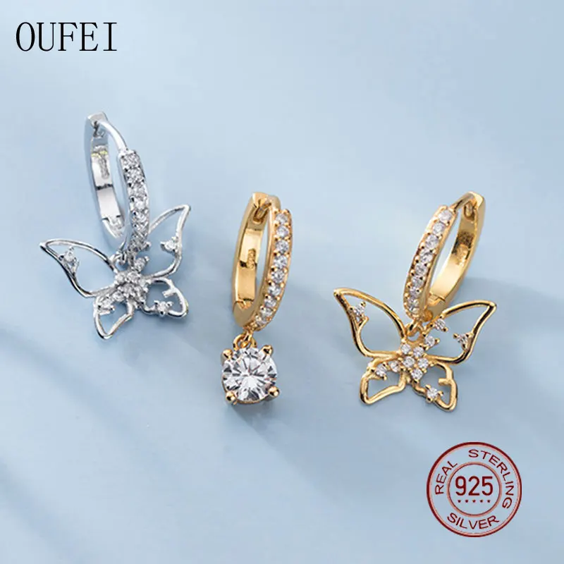 

Butterfly Asymmetric Earring Luxury 925 Sterling Silver Earrings For Women Hoop Zircon Round Fine Butterfly Jewelry Accessories