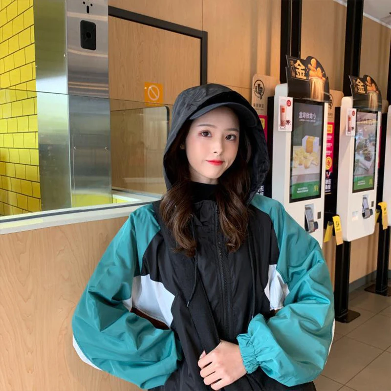 

Spring Autumn Women Basic Jackets HIP HOP Patchwork Zipper Hooded Streetwear BF Style Casual Female Long Sleeve Outerwear