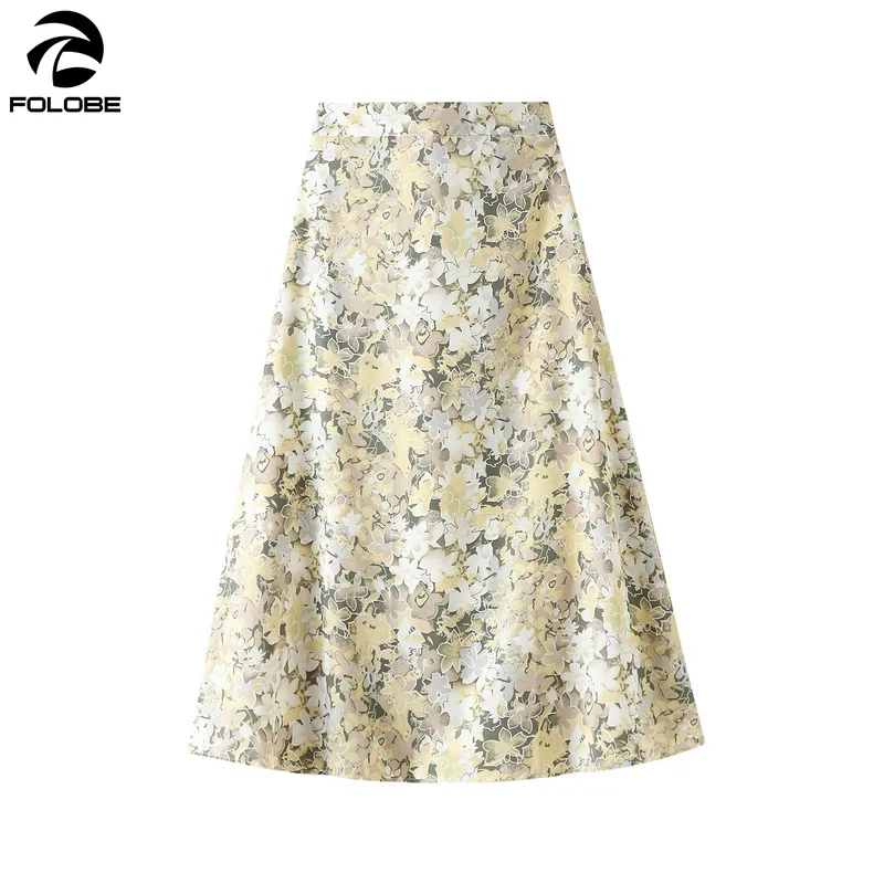 

FOLOBE 2021 Spring Summer Chic Oil Painting Print Skirt High Waist A Line Skirts Women Printed Mid-Calf Casual Skirt Lady