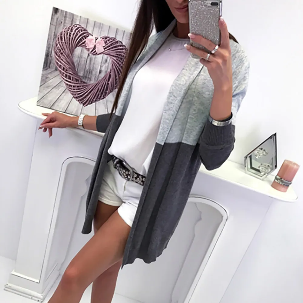 2019 Осень Зима Новый женский длинный рукав вязаный открытый передний карман