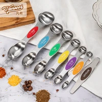 8pcs stainless steel double headed measuring scoop set kitchen tools for baking spoon colourful and black silicone grip mat