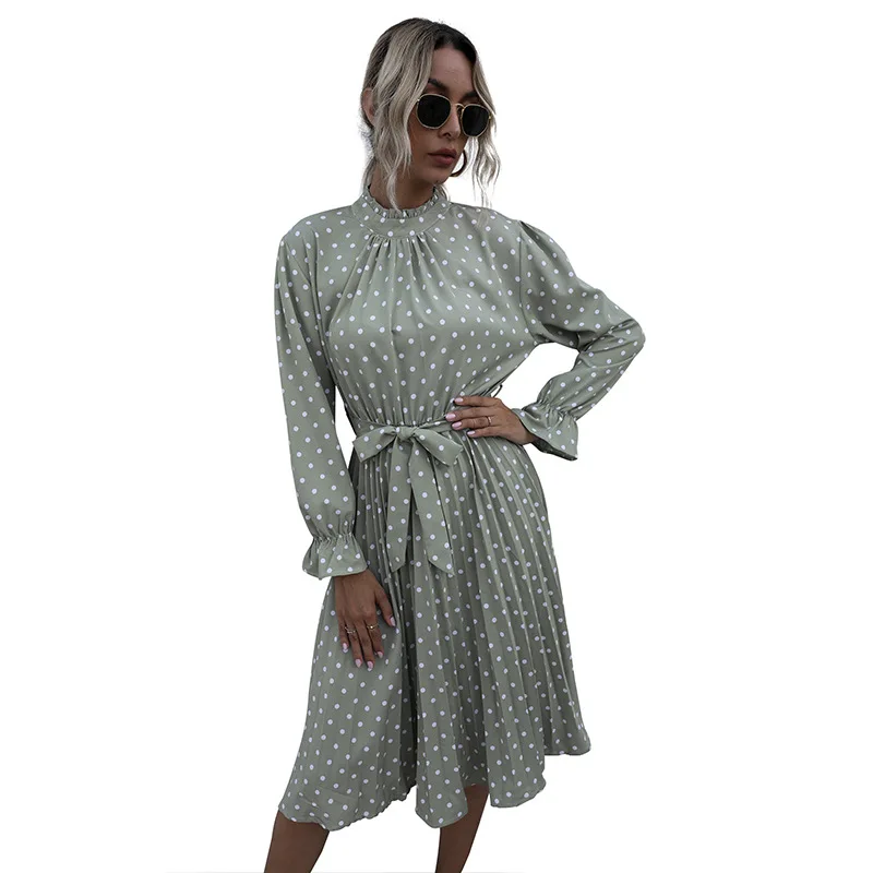 

Casual Polka Dot Print Vintage Women Dress Long Sleeve Elegant Party Vestidos Robe Femme Y2134A