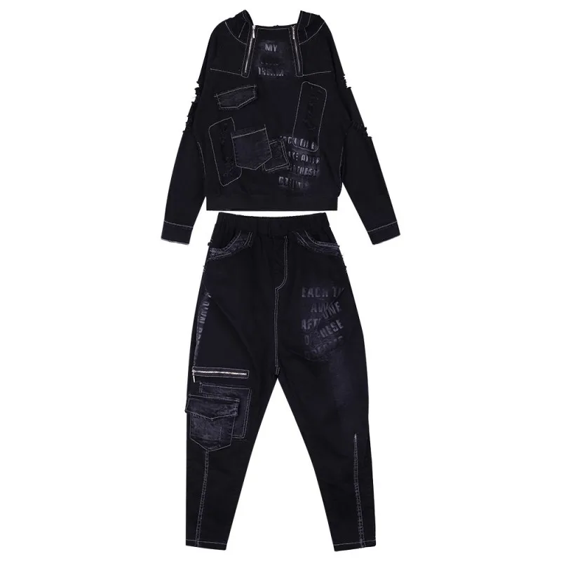 

Streetwear Autumn Women Denim Two Piece Set Hip Hop Casual Printed Loose Hooded Sweatshirt Elastic Waist Drop Crotch Harem Jeans