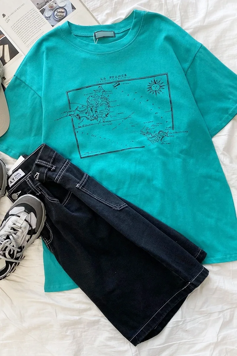 

Lake Green Map Print T Shirt Women Summer Top Round Neck Loose Thin Short Sleeve T-shirt Tshirt Harajuku Vintage Streetwear