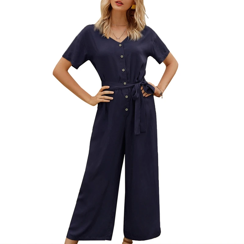 

Summer Solid Color Beach Women's Jumpsuit Casual Button Lace Wide Leg Jumpsuit