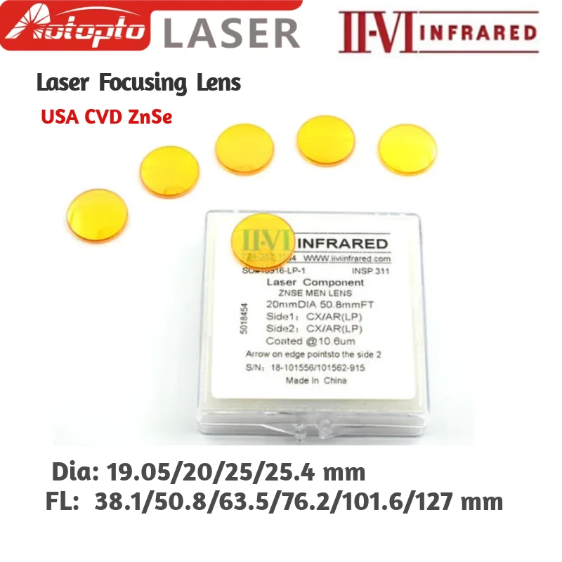 

Фокусная линза США CVD ZnSe Dia 12 15 18 19,05 20 25 FL 38,1 50,8 63,5 76,2 101,6 127 мм для лазерного гравировального станка CO2