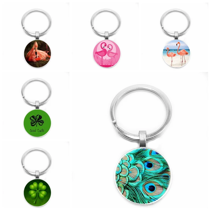 

2019 Children's Jewelry Ornaments Green Four-leaf Clover Peacock Swan Logo Glass Convex Round Pendant Keychain Jewelry Gift