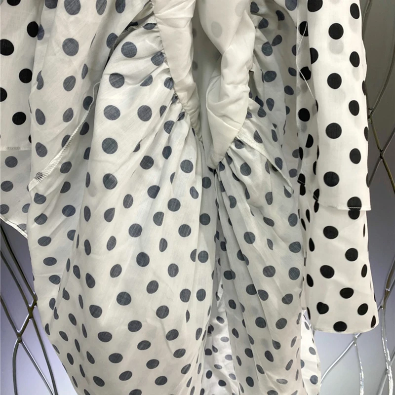 

Black Dot Dress For Women Slash Neck Puff Short Sleeve High Waist Hit Color Mid Dresses Female 2021 Summer Clothing