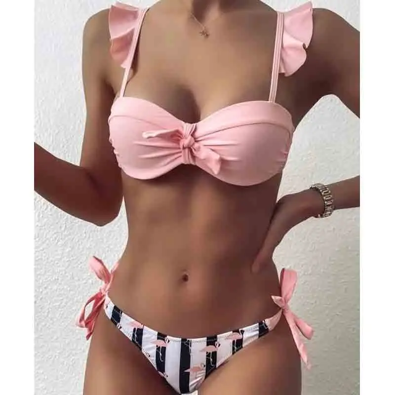 

FAKUNTN Striped Lace Ruffle Push Up Women Bandeau Swimsuit Female Swimwear Bra Cup Bikini set High Cut Bathing Suit F72