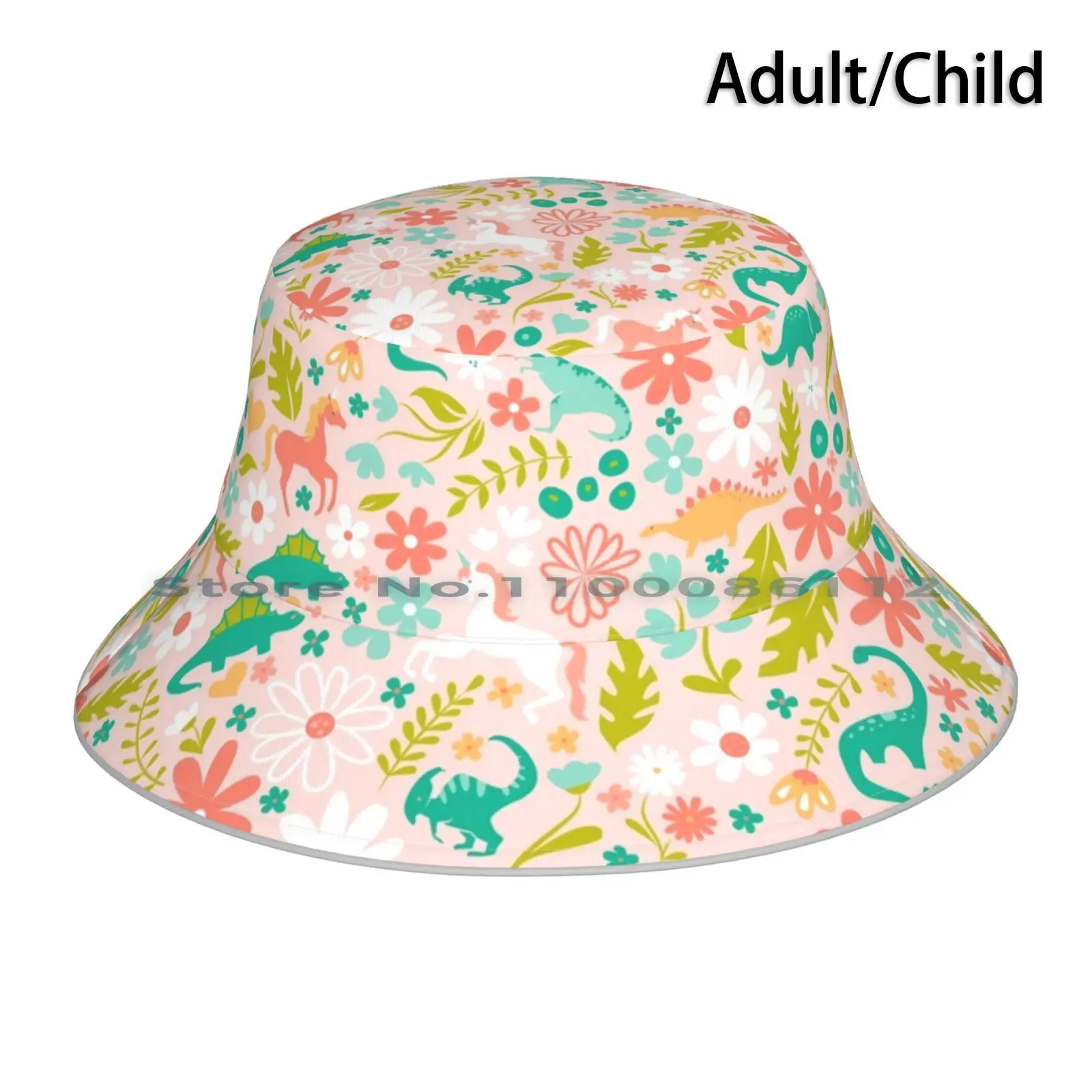 Панама с динозаврами шляпа единорогом на розовом фоне весенними цветами