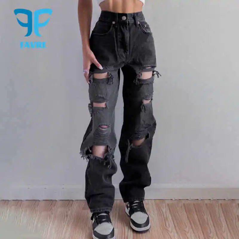 

FAVRE Hole Ripped Jeans Women Harajuku High Waist Baggy Straight Trousers Woman Summer Vintage Loose Distressed Pants Streetwear