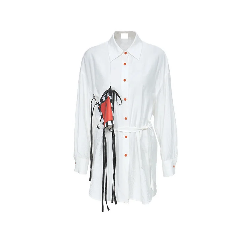 

XITAO Drawstring Women Printed Pockets Shirts Long Sleeves Lapel Shirts 2021 Summer Personalized Design Casual Top LDD1959