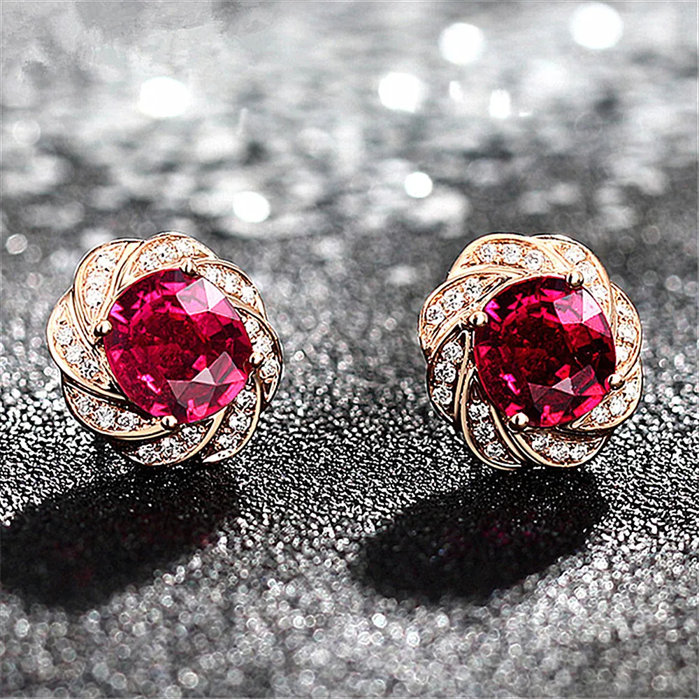 

14k Rose Gold Color Flower Red Crystal Ruby Gemstones Diamonds Stud Earrings For Women Classical Jewelry Brincos Fashion Bijoux