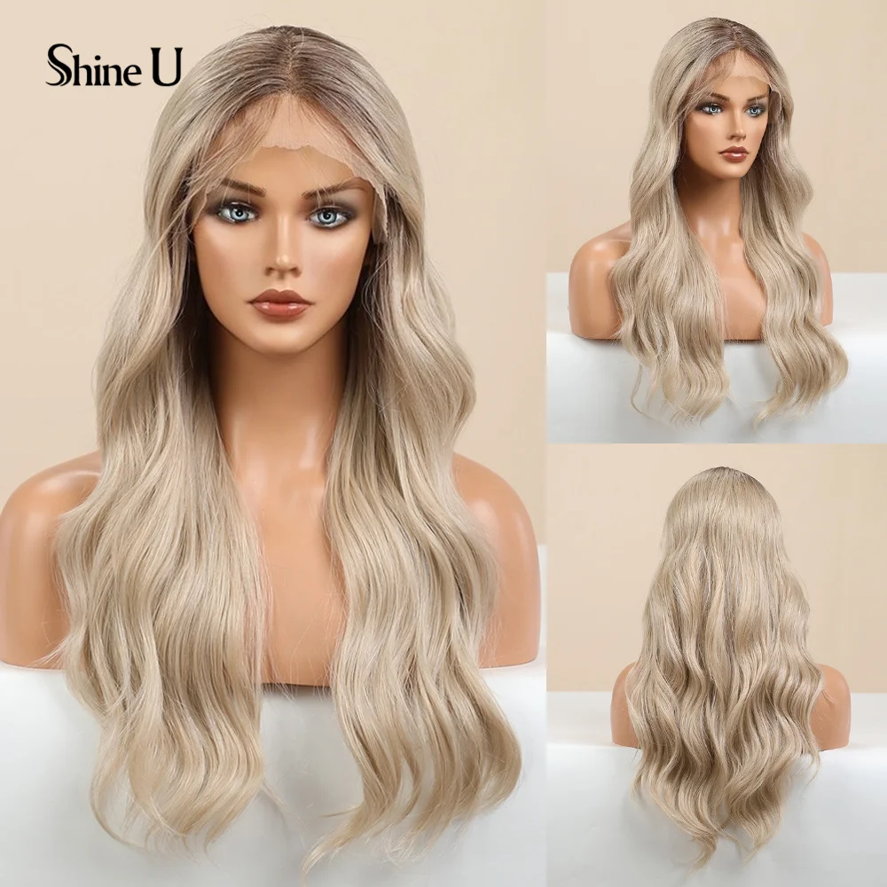 Long Wavy Ombre Blonde Lace Front Synthetic Hair Wigs Fashion  Wave Middle Part Lace Wig for Black Women Daily Cosplay Party Use