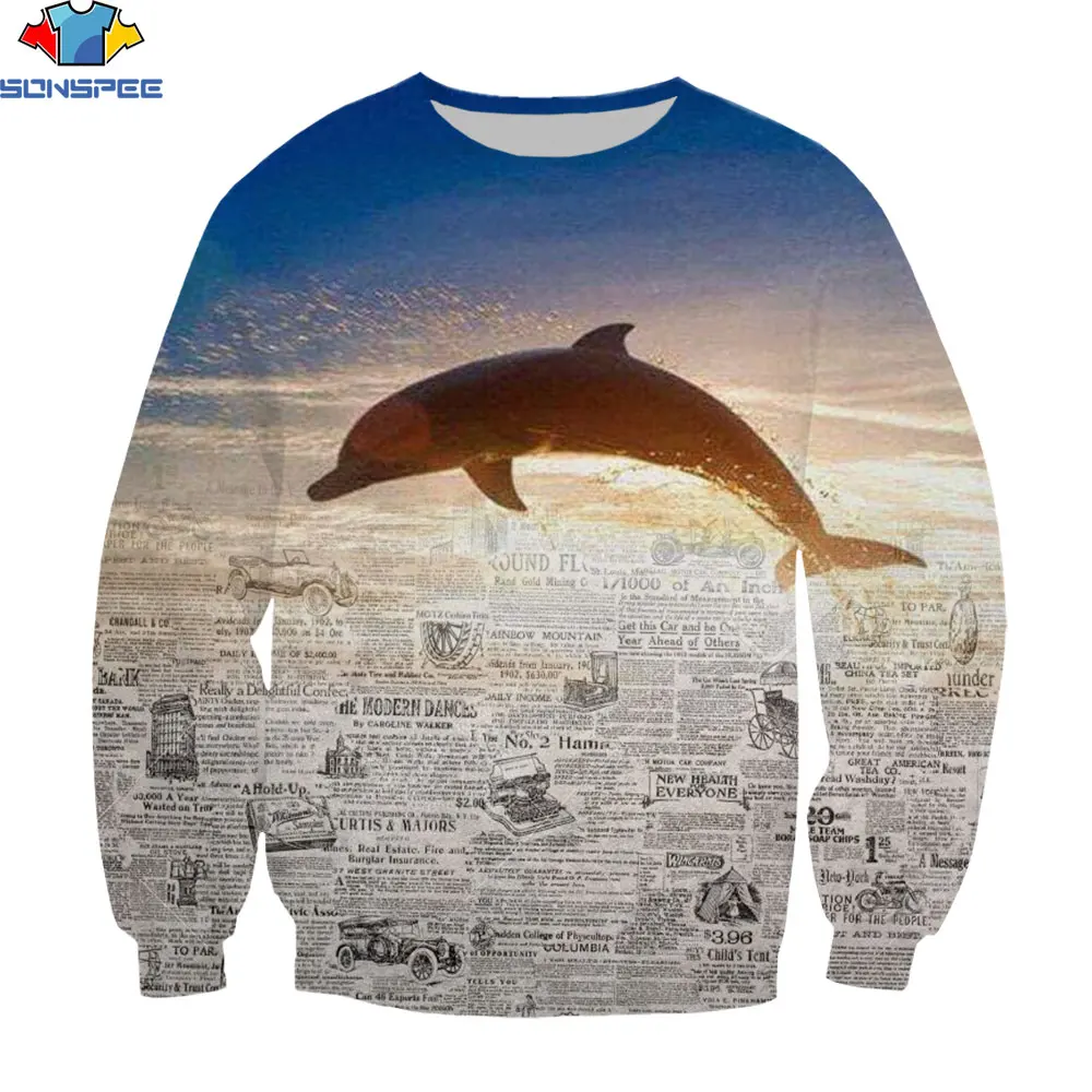 

SONSPEE New Casual Eagle Business Check Sweater Men Cute Retro Newspaper Dolphin Print Harajuku Long Sleeve Camisa Social Men