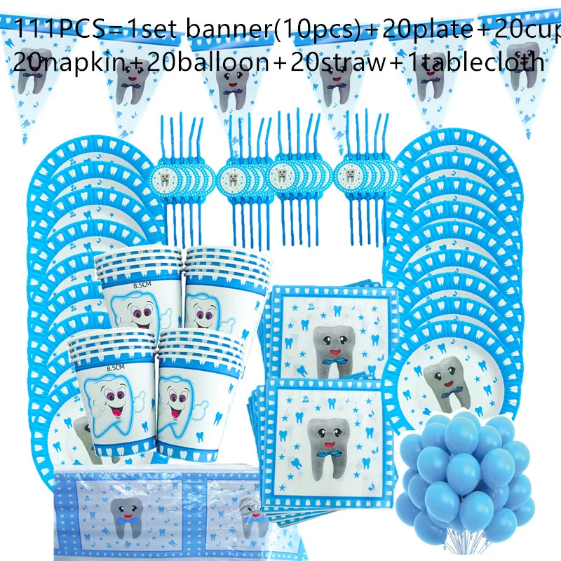 

111Pcs Cute Blue First Tooth Theme Plates Baby Shower Decoration Disposable Tableware Set Happy Birthday Party Boy Favors Cups