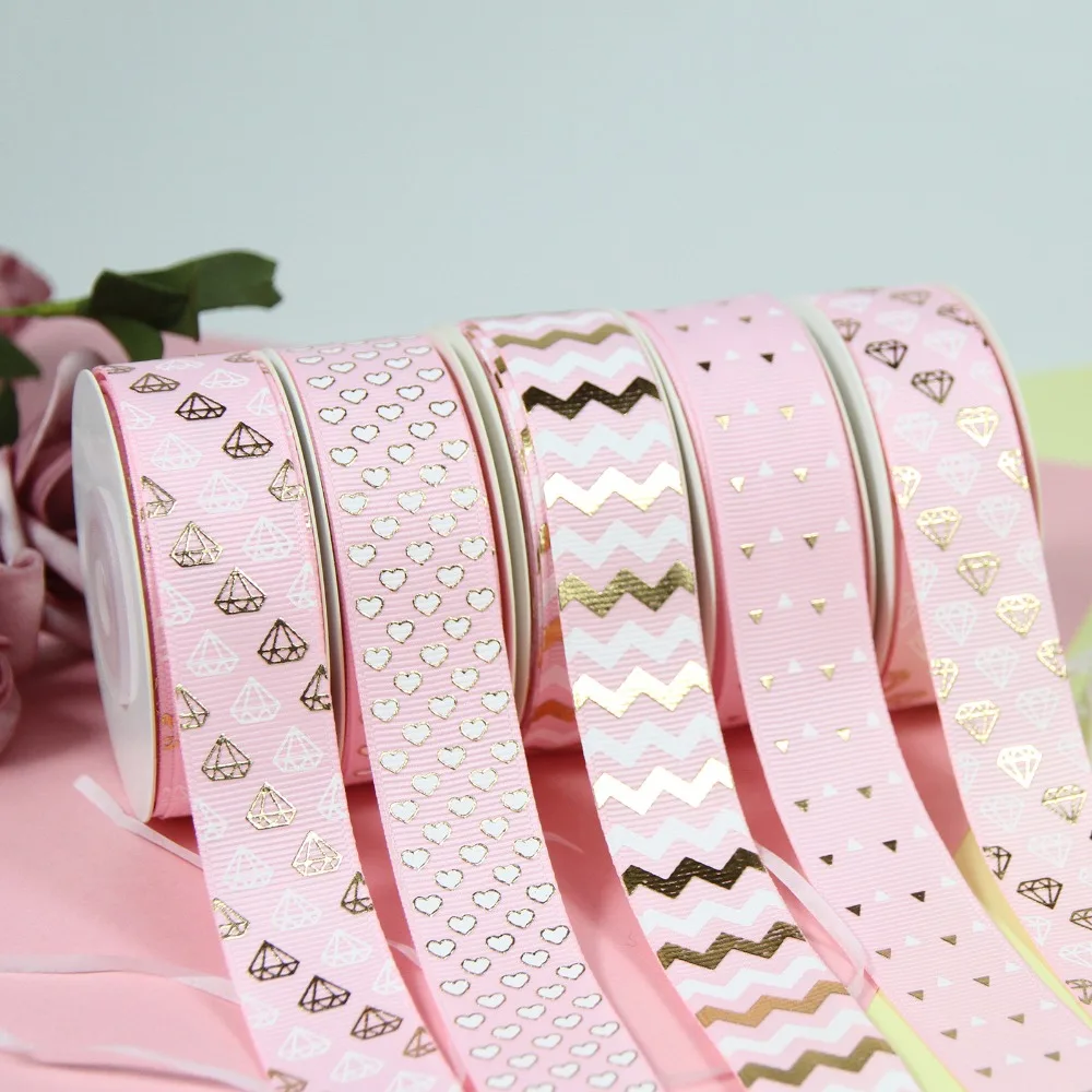 7/8&quot 22mm Gold Foil Gold/white Diamond Pink/aqua Grosgrain Ribbon Gift Packing Deco 10Yards/roll Webbing Diy Supplies | Дом и сад